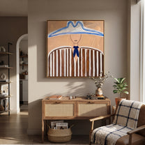 Blue Peaks Shelter Stripes - blue outlined hat painting by Elliot Vale, modern figurative square wall art - styled room scene view 2