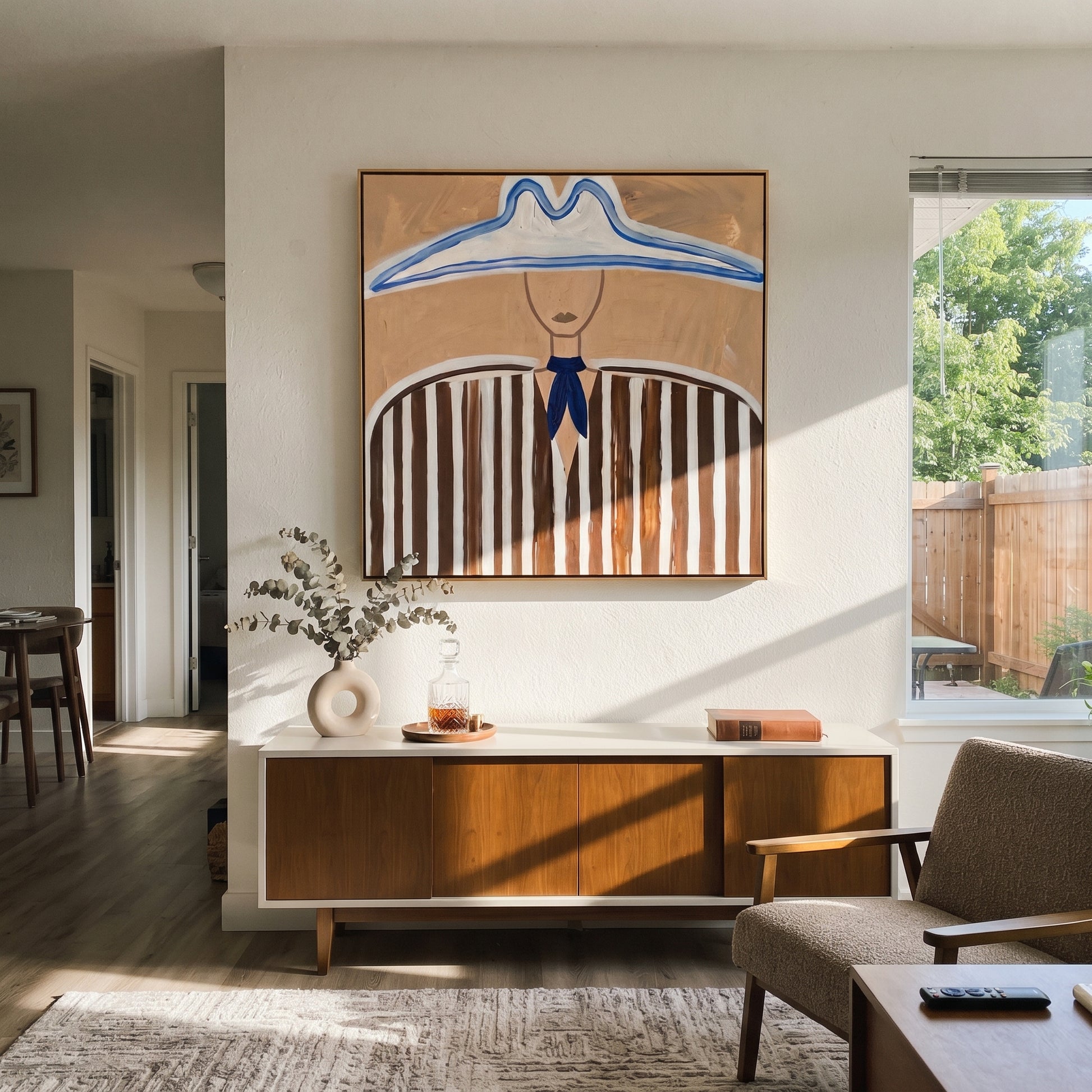 Blue Peaks Shelter Stripes - blue outlined hat painting by Elliot Vale, modern figurative square wall art - styled room scene view 3