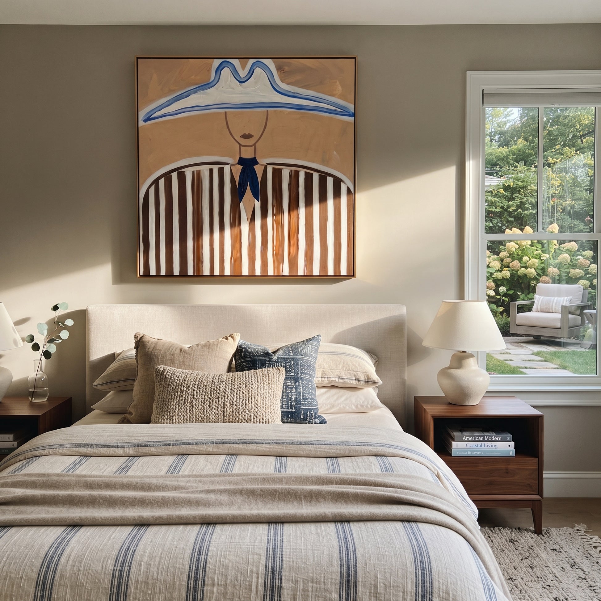 Blue Peaks Shelter Stripes - blue outlined hat painting by Elliot Vale, modern figurative square wall art - styled room scene view 4
