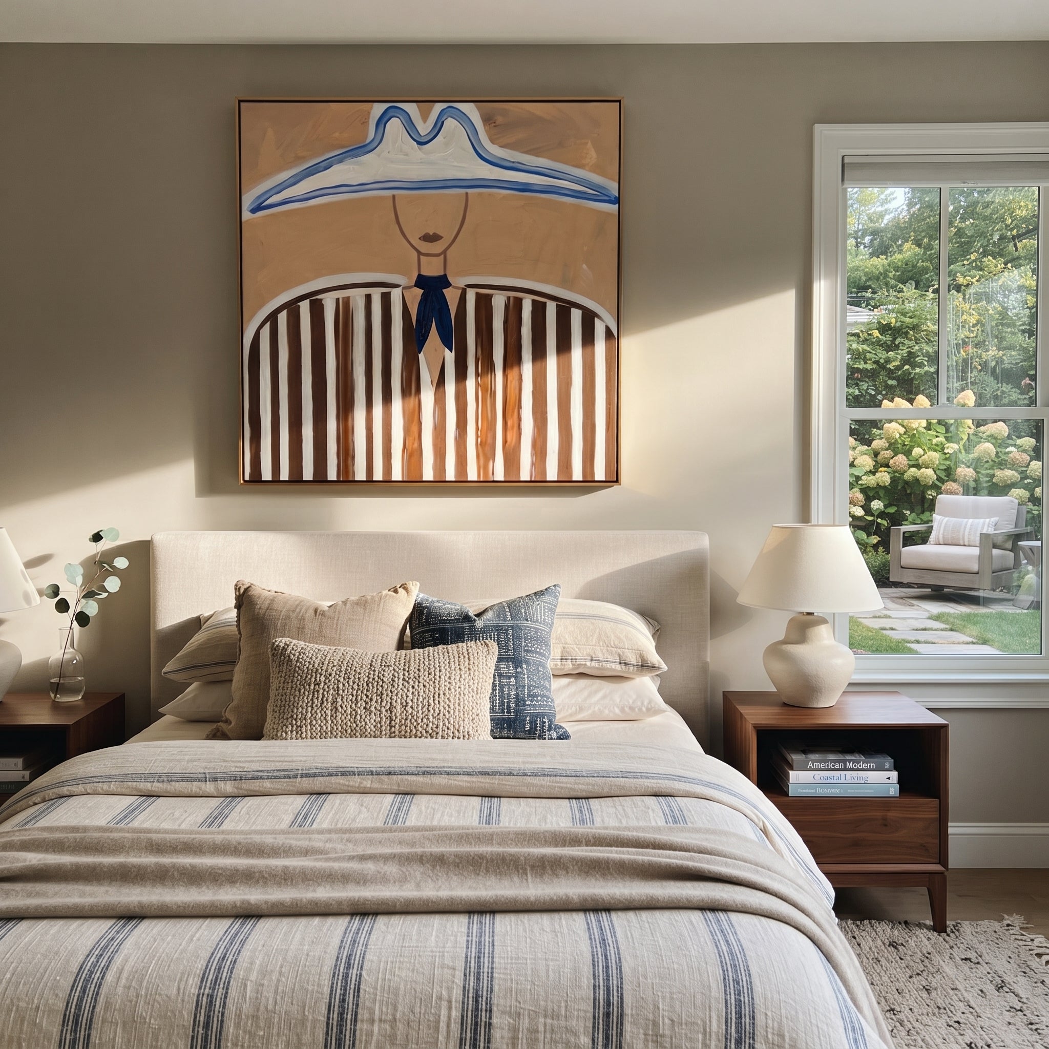 Blue Peaks Shelter Stripes - blue outlined hat painting by Elliot Vale, modern figurative square wall art - styled room scene view 4