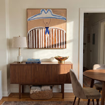 Blue Peaks Shelter Stripes - blue outlined hat painting by Elliot Vale, modern figurative square wall art - styled room scene view 5
