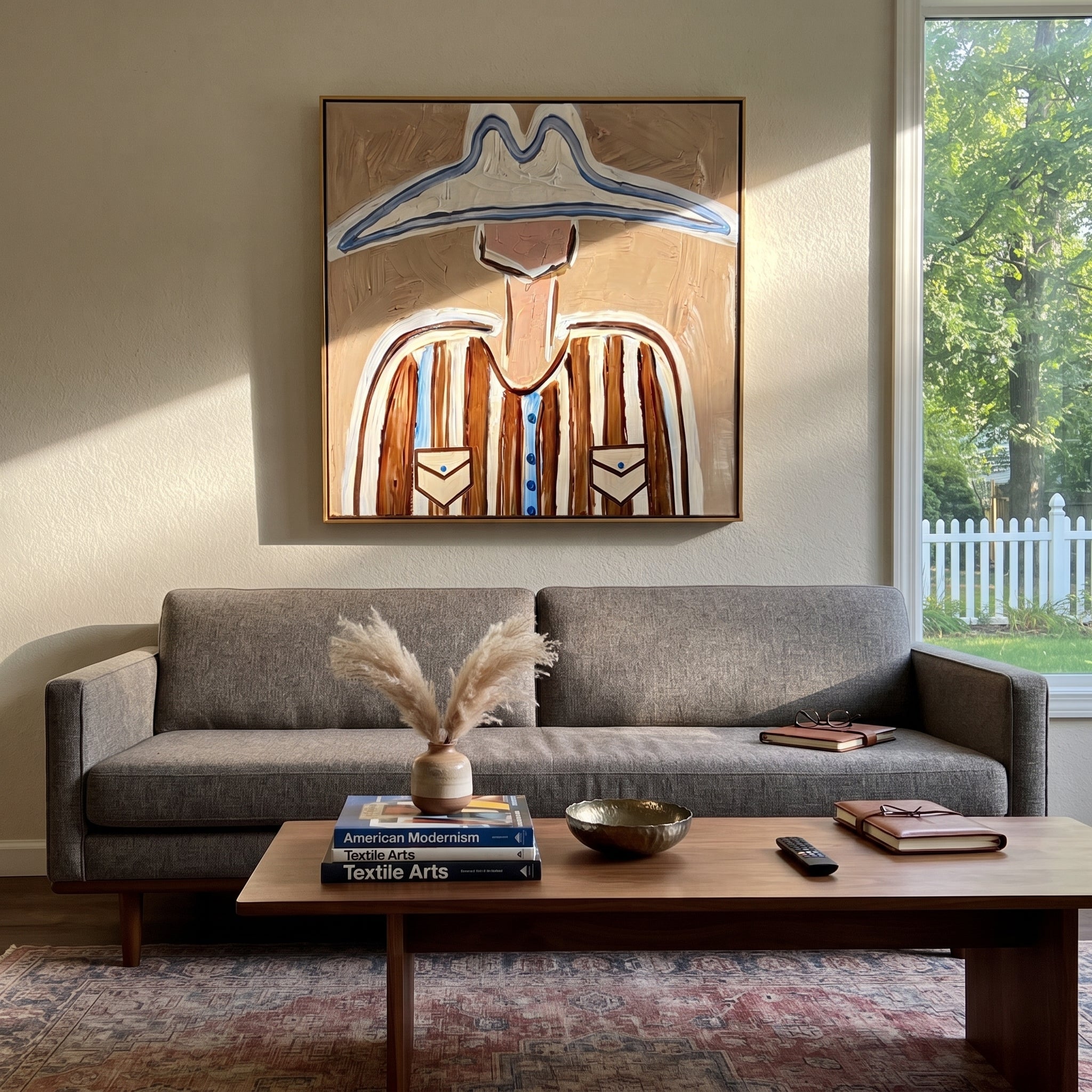 Blue Peaks Guard Pockets - western pocket figure painting by Elliot Vale, modern figurative square wall art - styled room scene view 1