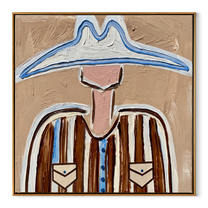 Blue Peaks Guard Pockets - western pocket figure painting by Elliot Vale, modern figurative square wall art - wood frame on white background