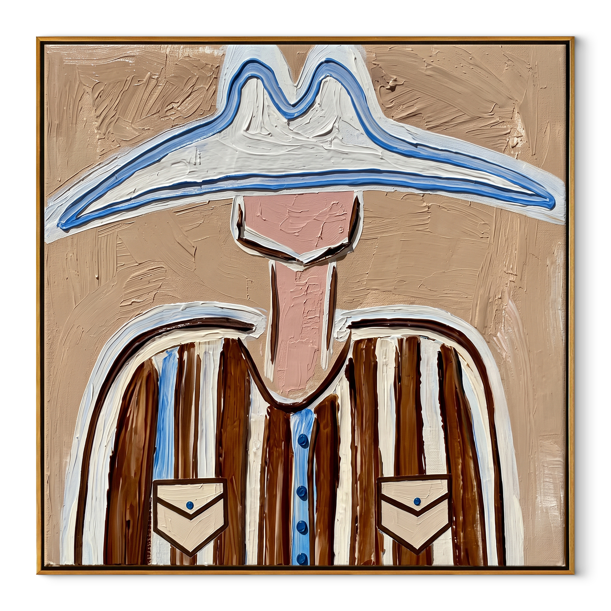 Blue Peaks Guard Pockets - western pocket figure painting by Elliot Vale, modern figurative square wall art - wood frame on white background