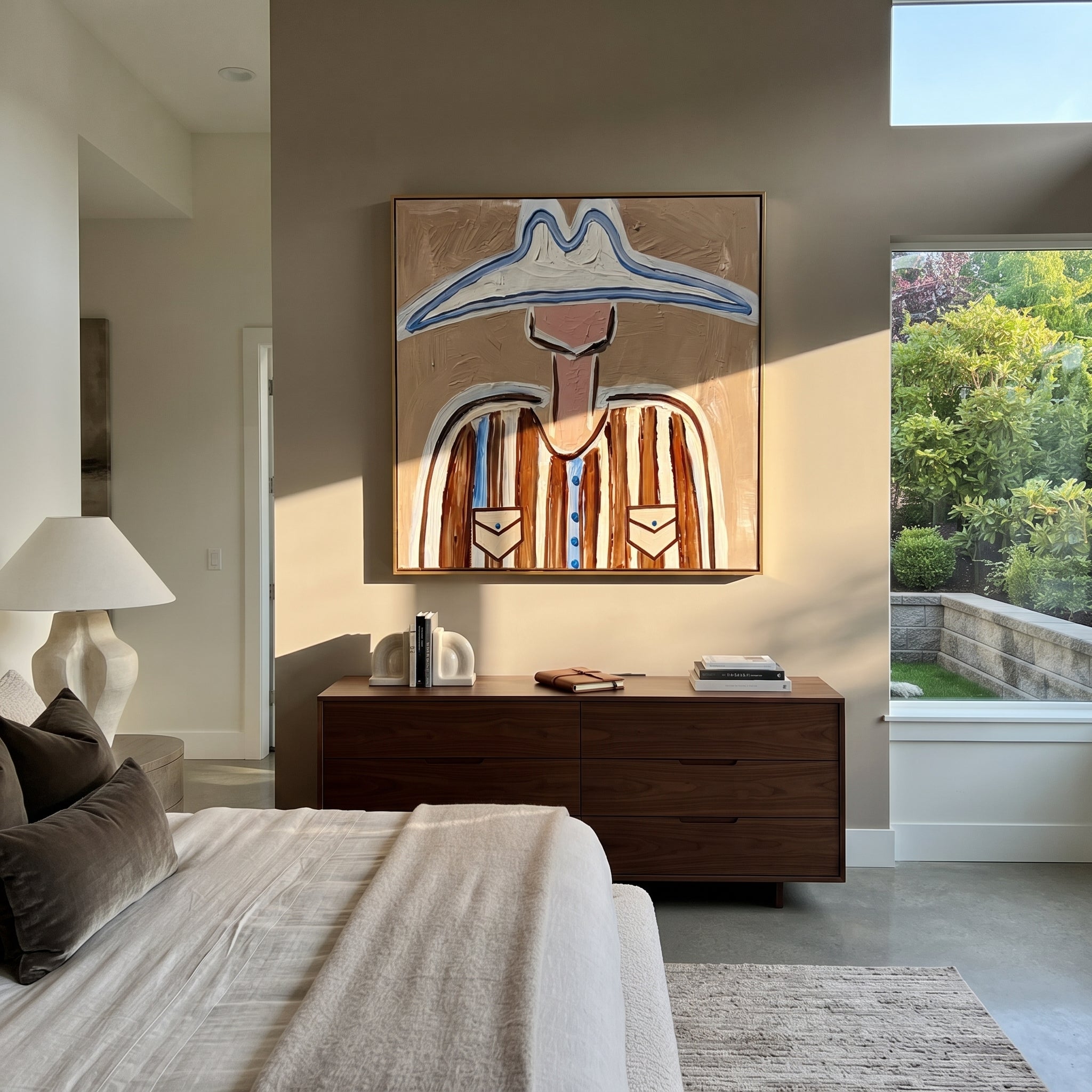 Blue Peaks Guard Pockets - western pocket figure painting by Elliot Vale, modern figurative square wall art - styled room scene view 2