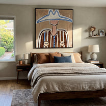 Blue Peaks Guard Pockets - western pocket figure painting by Elliot Vale, modern figurative square wall art - styled room scene view 3