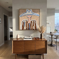 Blue Peaks Guard Pockets - western pocket figure painting by Elliot Vale, modern figurative square wall art - styled room scene view 4