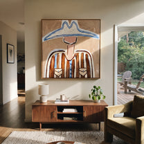 Blue Peaks Guard Pockets - western pocket figure painting by Elliot Vale, modern figurative square wall art - styled room scene view 5