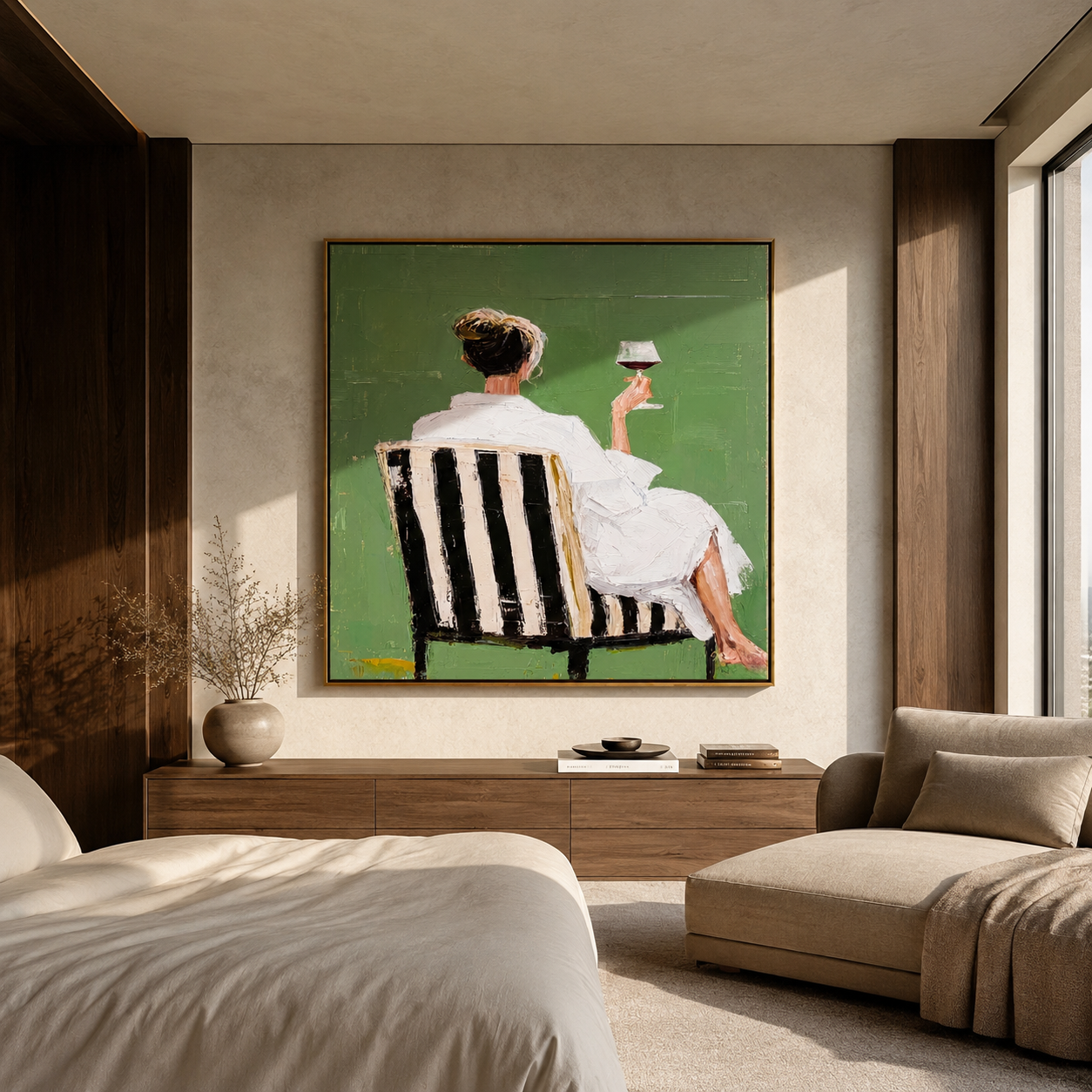 Raised Glass Meets Green - seated wine woman painting by Elliot Vale, modern figurative square wall art - styled room scene view 1