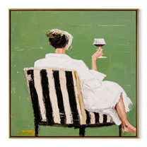 Raised Glass Meets Green - seated wine woman painting by Elliot Vale, modern figurative square wall art - wood frame on white background