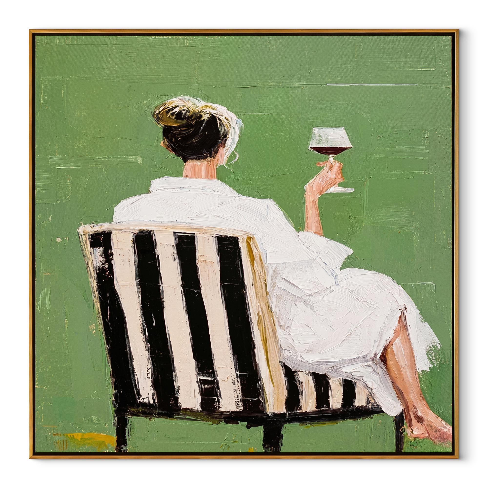 Raised Glass Meets Green - seated wine woman painting by Elliot Vale, modern figurative square wall art - wood frame on white background