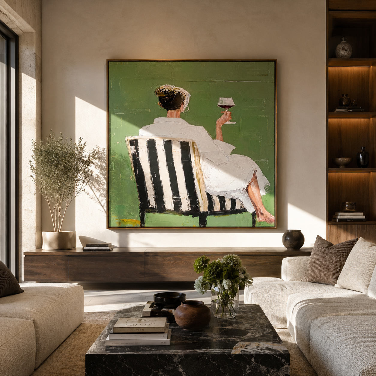 Raised Glass Meets Green - seated wine woman painting by Elliot Vale, modern figurative square wall art - styled room scene view 2
