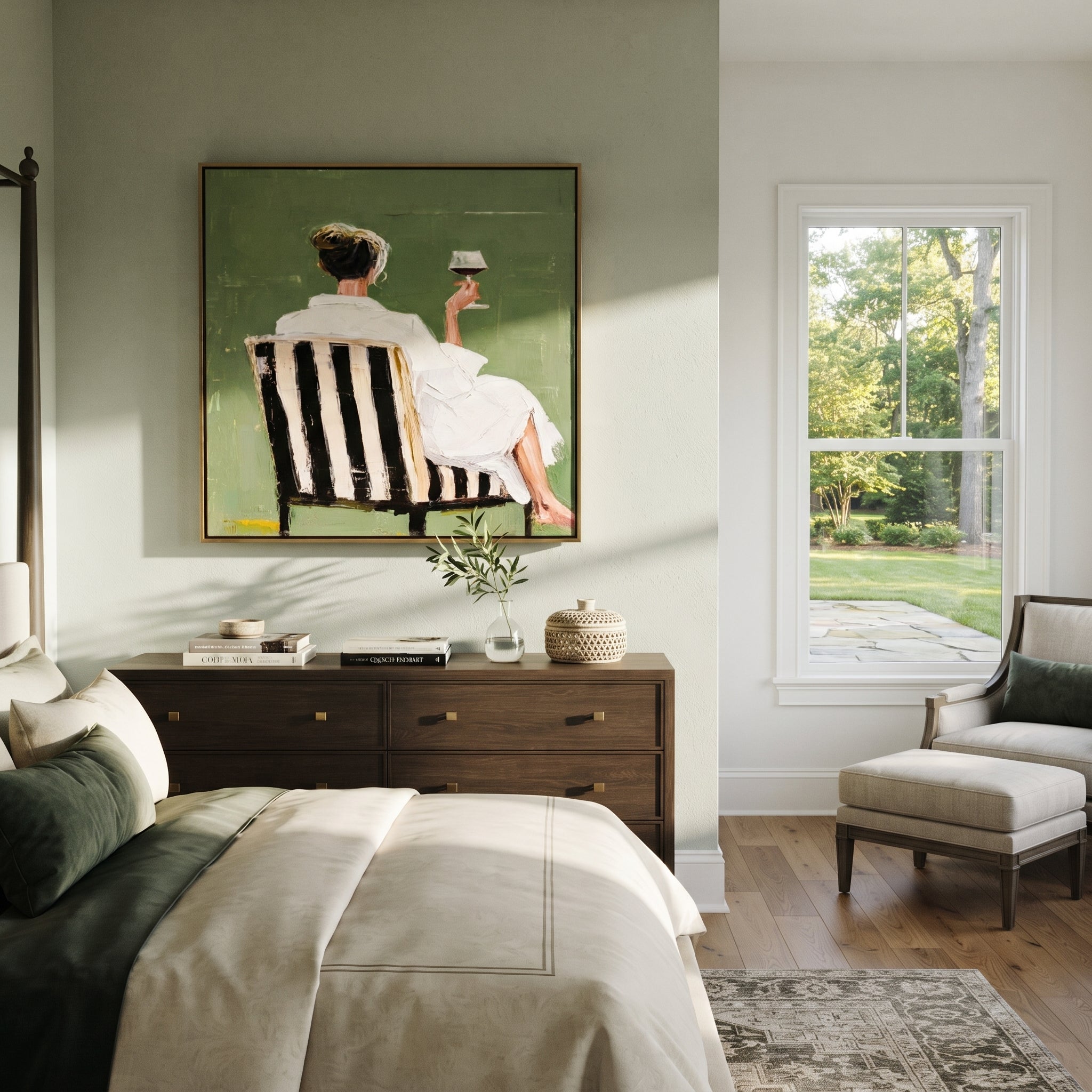 Raised Glass Meets Green - seated wine woman painting by Elliot Vale, modern figurative square wall art - styled room scene view 4