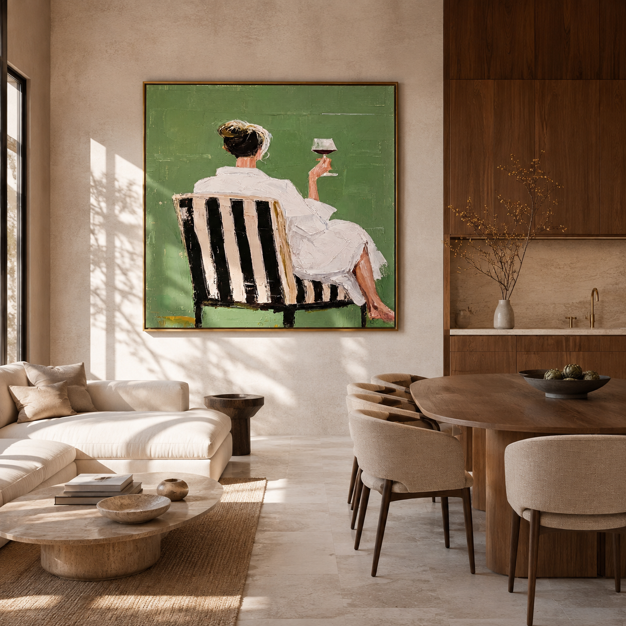 Raised Glass Meets Green - seated wine woman painting by Elliot Vale, modern figurative square wall art - styled room scene view 5