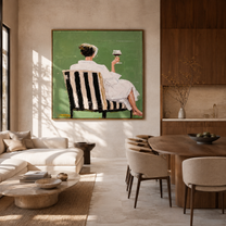 Raised Glass Meets Green - seated wine woman painting by Elliot Vale, modern figurative square wall art - styled room scene view 5