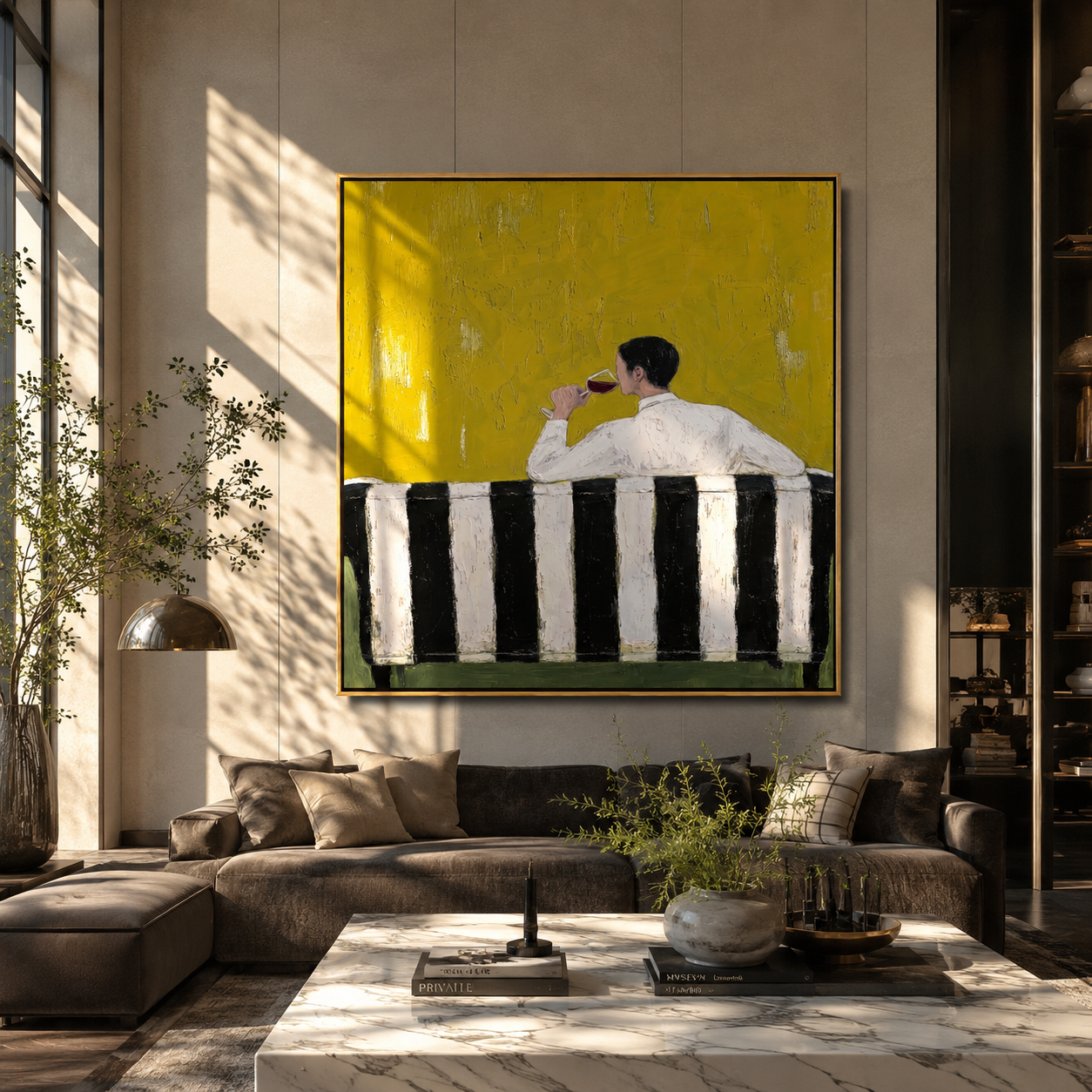Yellow Silence Holds Glass - seated drinking man painting by Elliot Vale, modern figurative square wall art - styled room scene view 1