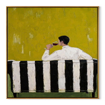 Yellow Silence Holds Glass - seated drinking man painting by Elliot Vale, modern figurative square wall art - wood frame on white background