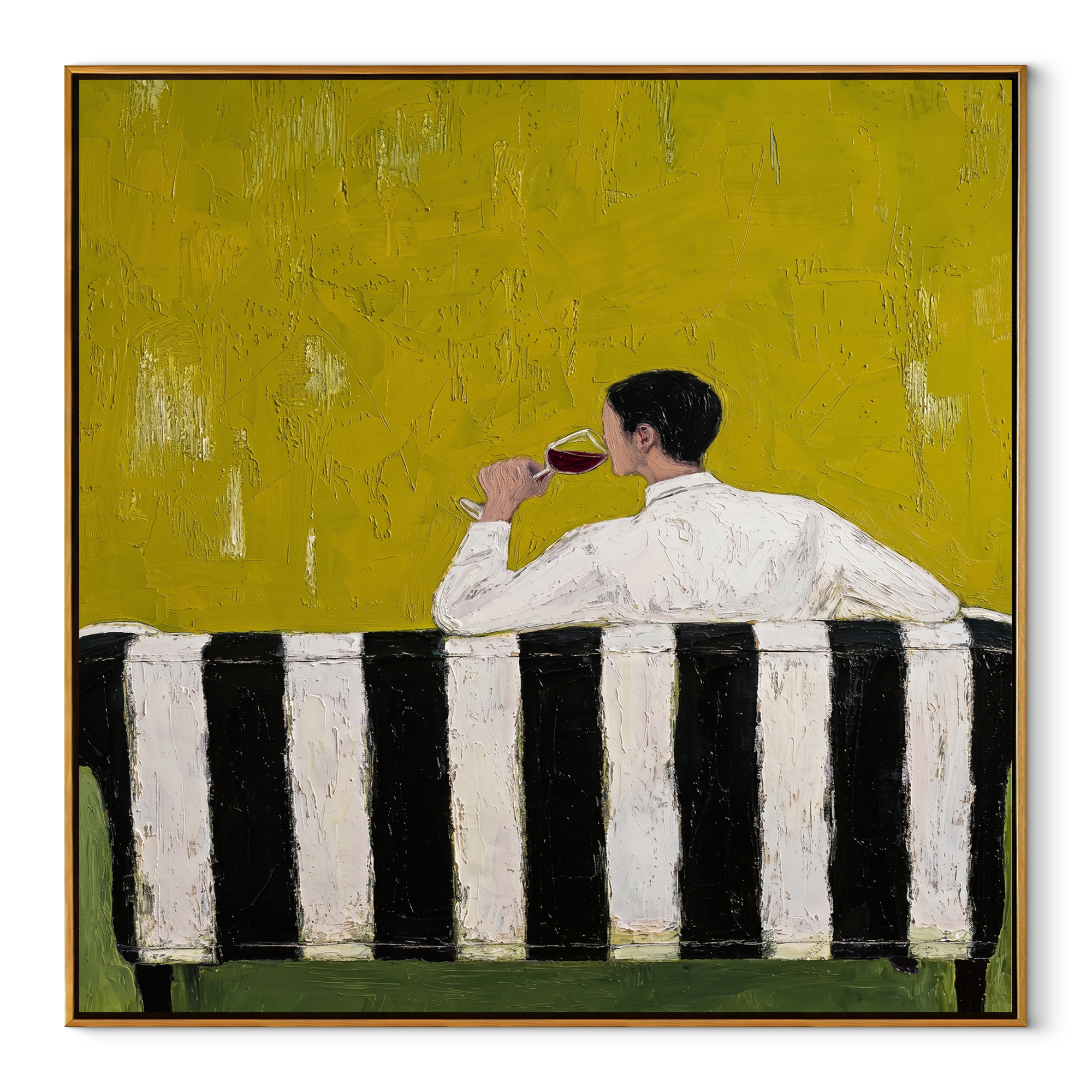 Yellow Silence Holds Glass - seated drinking man painting by Elliot Vale, modern figurative square wall art - wood frame on white background