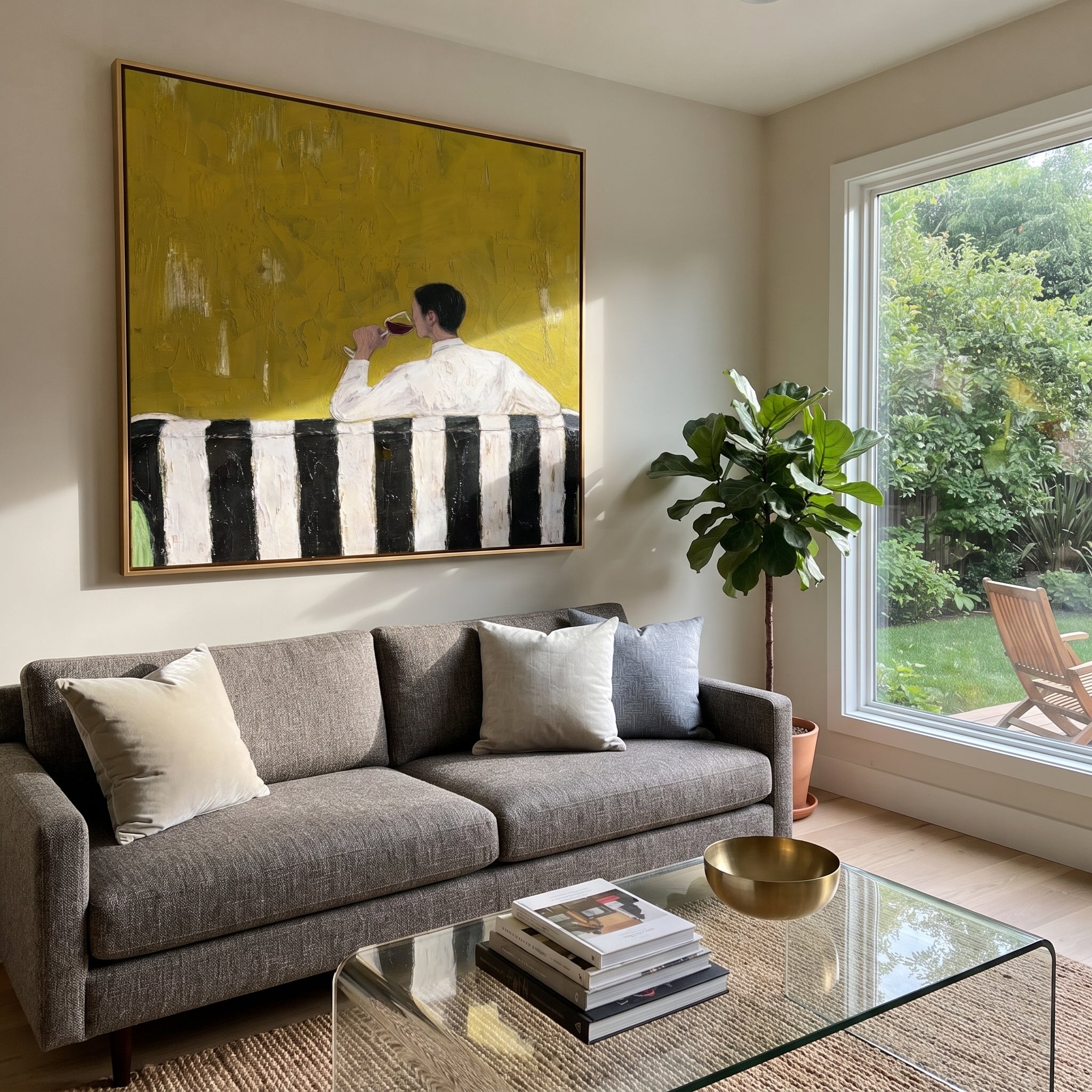 Yellow Silence Holds Glass - seated drinking man painting by Elliot Vale, modern figurative square wall art - styled room scene view 3