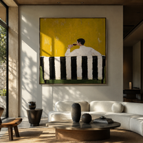 Yellow Silence Holds Glass - seated drinking man painting by Elliot Vale, modern figurative square wall art - styled room scene view 5