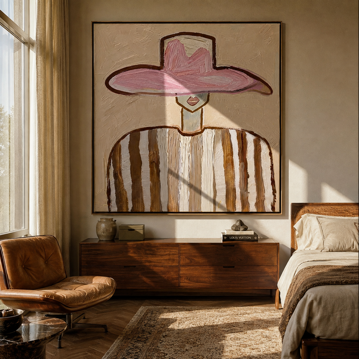 Pink Crown Meets Brown - brown striped figure painting by Elliot Vale, modern figurative square wall art - styled room scene view 1
