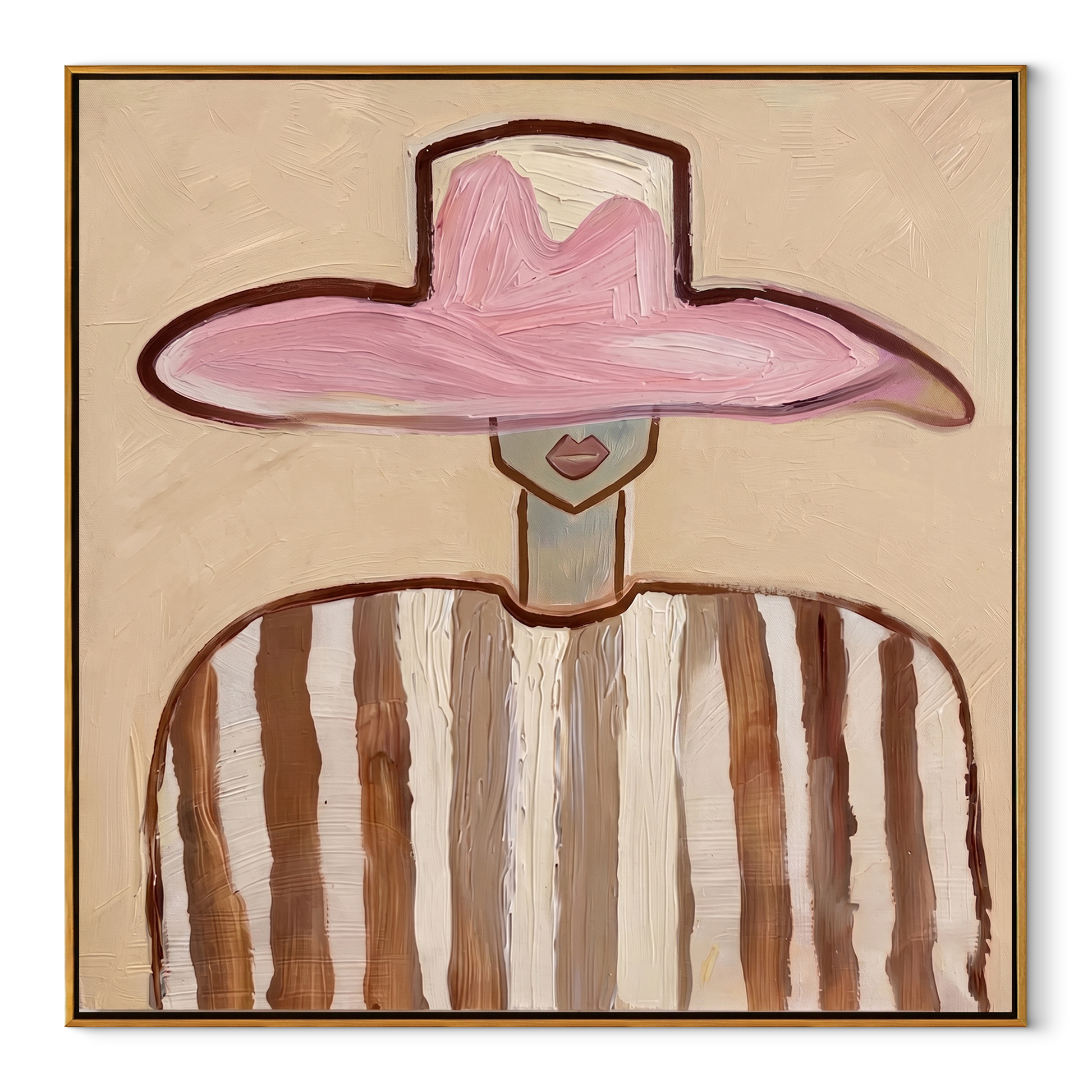 Pink Crown Meets Brown - brown striped figure painting by Elliot Vale, modern figurative square wall art - wood frame on white background