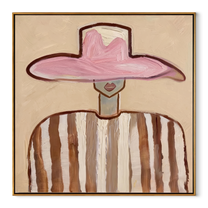 Pink Crown Meets Brown - brown striped figure painting by Elliot Vale, modern figurative square wall art - wood frame on white background