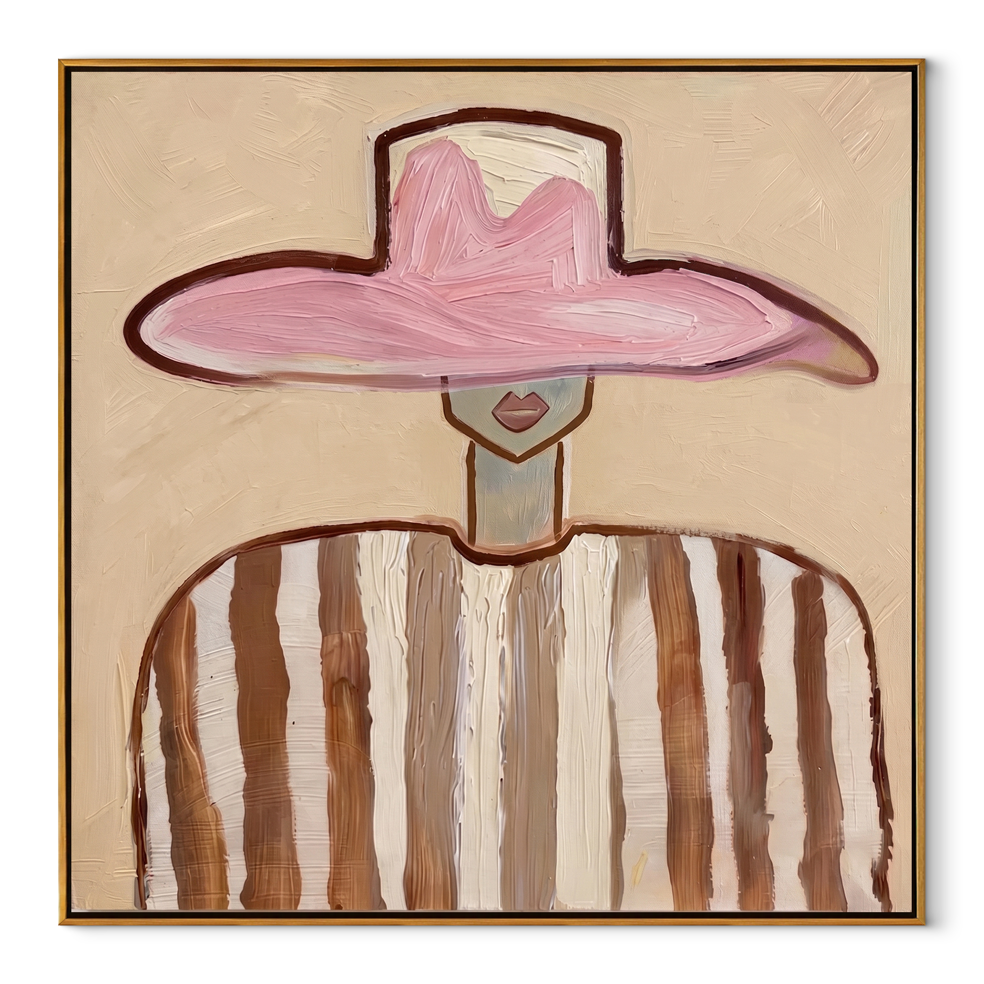 Pink Crown Meets Brown - brown striped figure painting by Elliot Vale, modern figurative square wall art - wood frame on white background