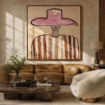Pink Crown Meets Brown - brown striped figure painting by Elliot Vale, modern figurative square wall art - styled room scene view 2