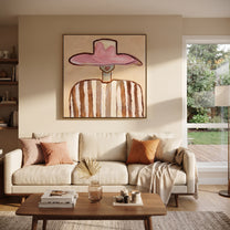 Pink Crown Meets Brown - brown striped figure painting by Elliot Vale, modern figurative square wall art - styled room scene view 3