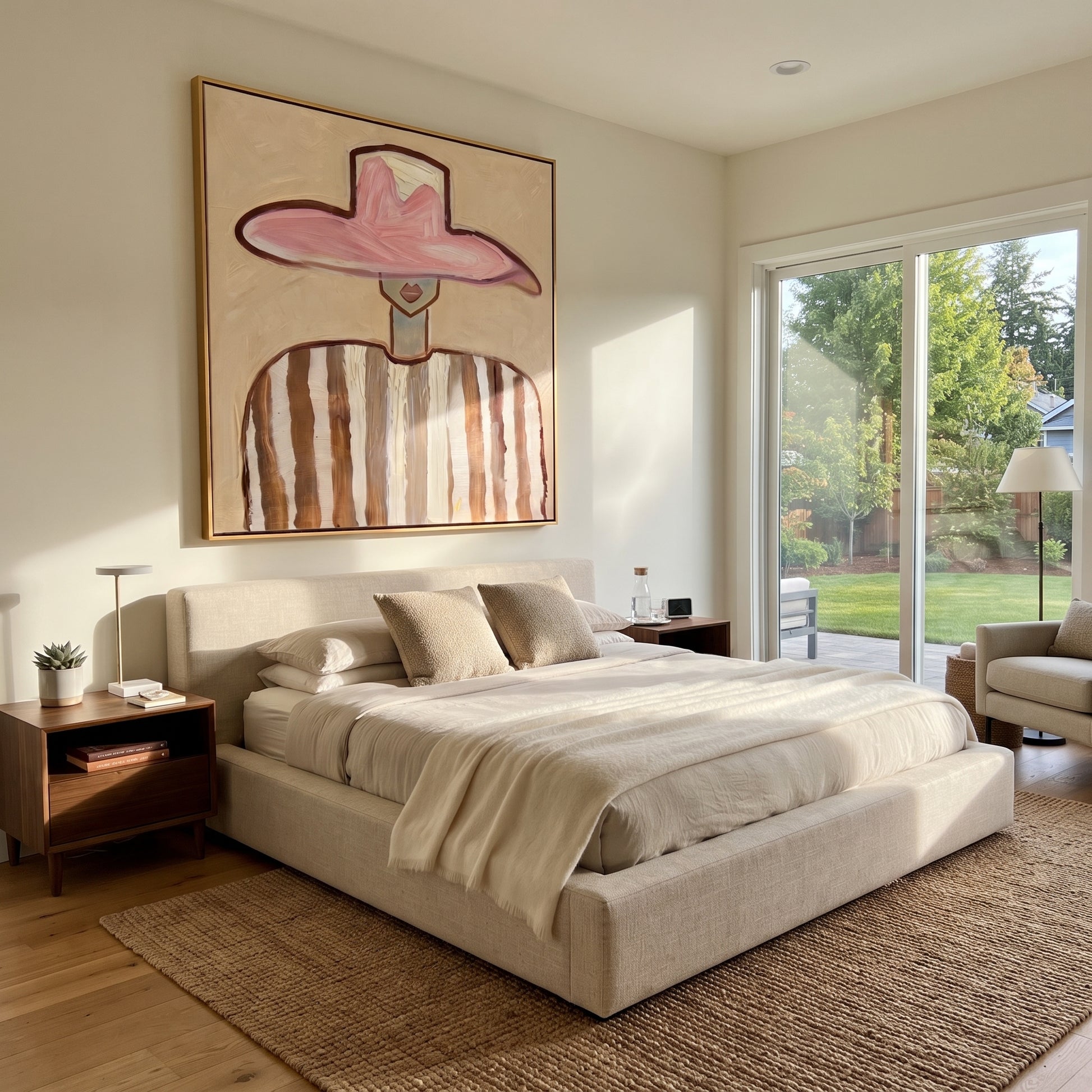 Pink Crown Meets Brown - brown striped figure painting by Elliot Vale, modern figurative square wall art - styled room scene view 4