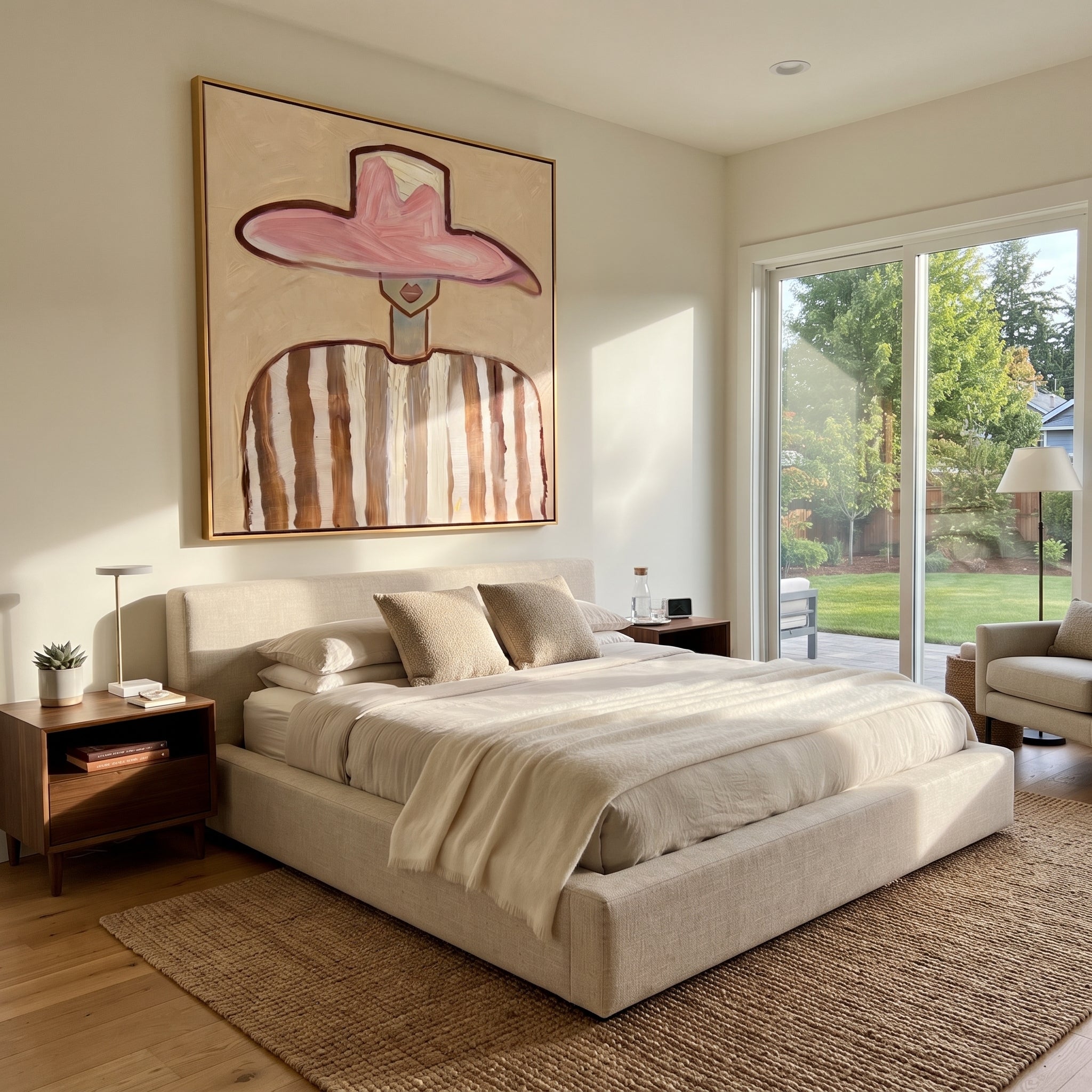 Pink Crown Meets Brown - brown striped figure painting by Elliot Vale, modern figurative square wall art - styled room scene view 4