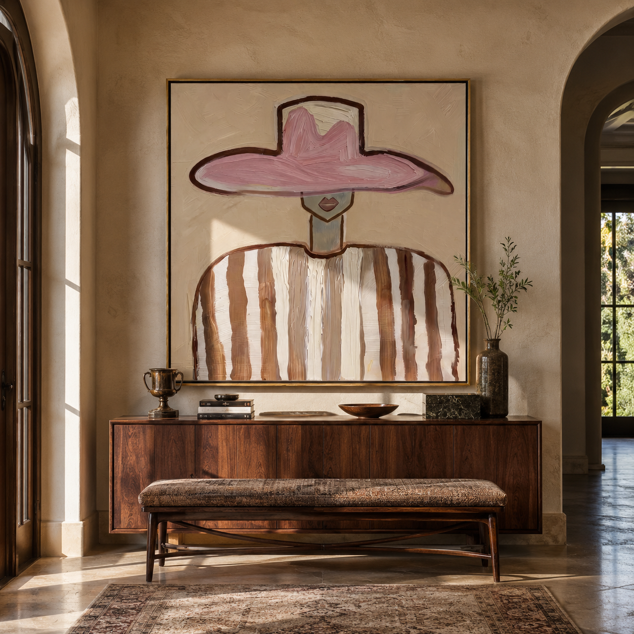 Pink Crown Meets Brown - brown striped figure painting by Elliot Vale, modern figurative square wall art - styled room scene view 5