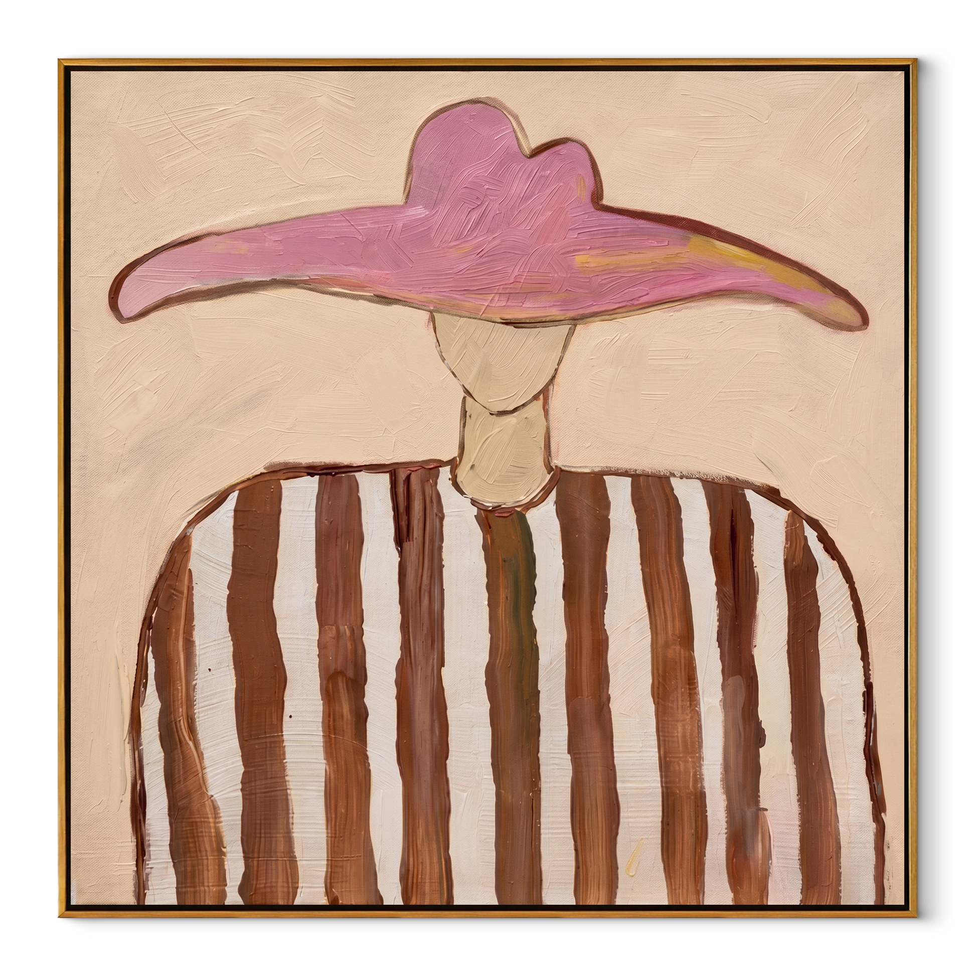 Rose Wings Float Softly - brown striped hat figure painting by Elliot Vale, modern figurative square wall art - wood frame on white background