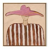 Rose Wings Float Softly - brown striped hat figure painting by Elliot Vale, modern figurative square wall art - wood frame on white background