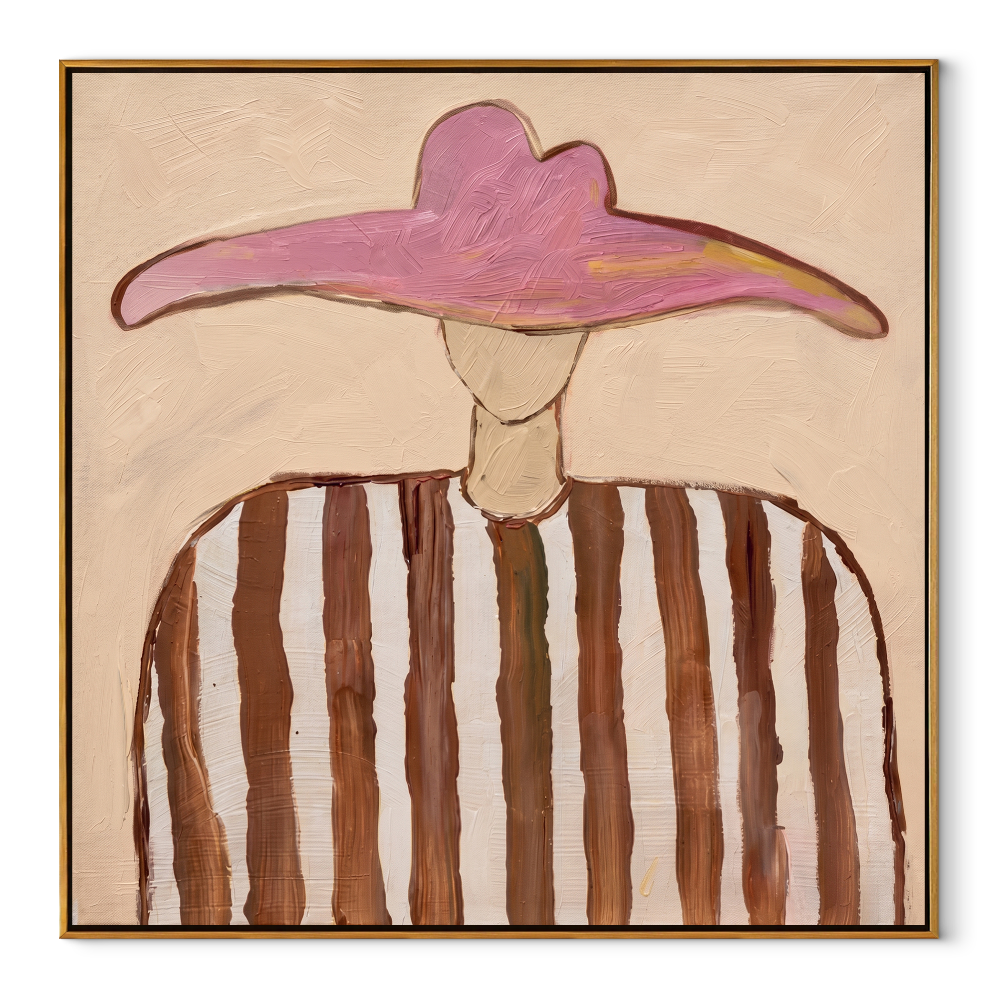 Rose Wings Float Softly - brown striped hat figure painting by Elliot Vale, modern figurative square wall art - wood frame on white background