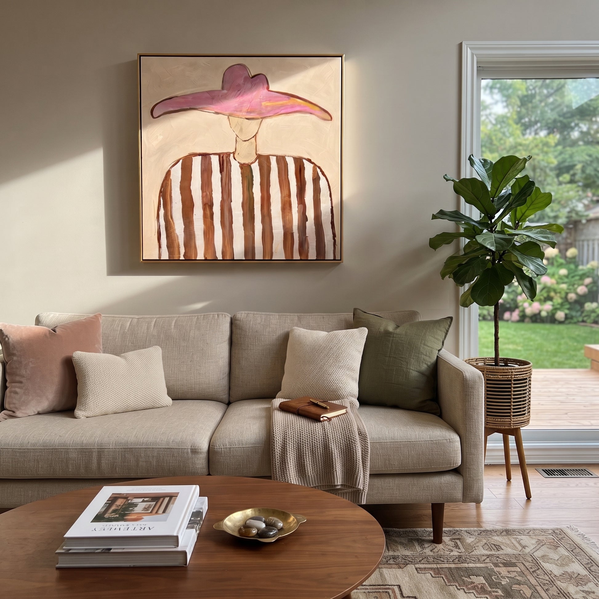 Rose Wings Float Softly - brown striped hat figure painting by Elliot Vale, modern figurative square wall art - styled room scene view 3