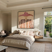 Rose Wings Float Softly - brown striped hat figure painting by Elliot Vale, modern figurative square wall art - styled room scene view 4