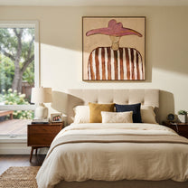 Rose Wings Float Softly - brown striped hat figure painting by Elliot Vale, modern figurative square wall art - styled room scene view 5
