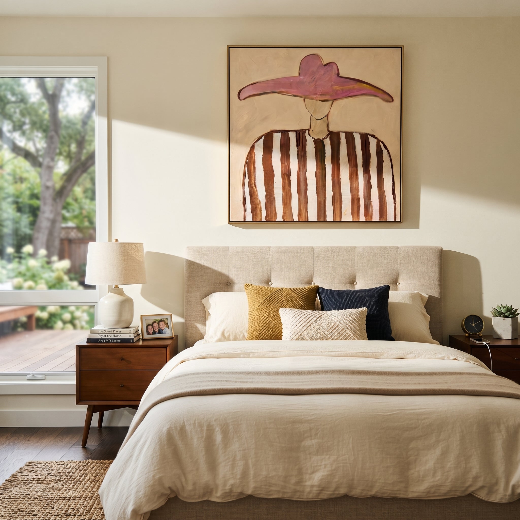 Rose Wings Float Softly - brown striped hat figure painting by Elliot Vale, modern figurative square wall art - styled room scene view 5
