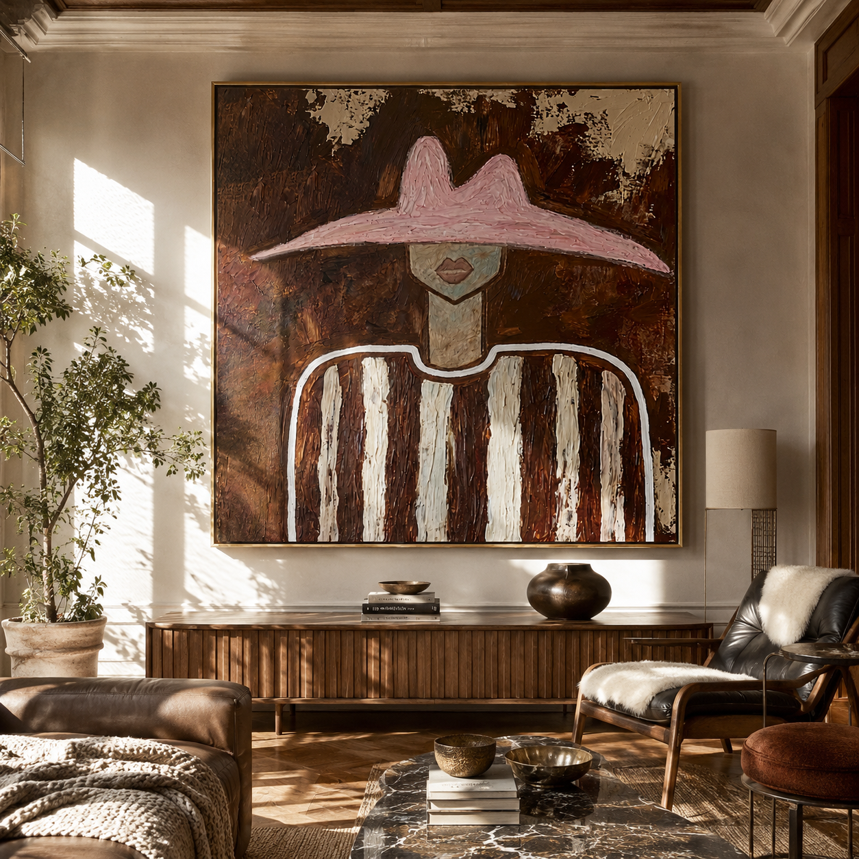 Blush Hat Crosses Linen - neutral striped figure painting by Elliot Vale, modern figurative square wall art - styled room scene view 1
