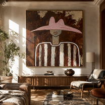 Blush Hat Crosses Linen - neutral striped figure painting by Elliot Vale, modern figurative square wall art - styled room scene view 1