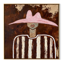 Blush Hat Crosses Linen - neutral striped figure painting by Elliot Vale, modern figurative square wall art - wood frame on white background