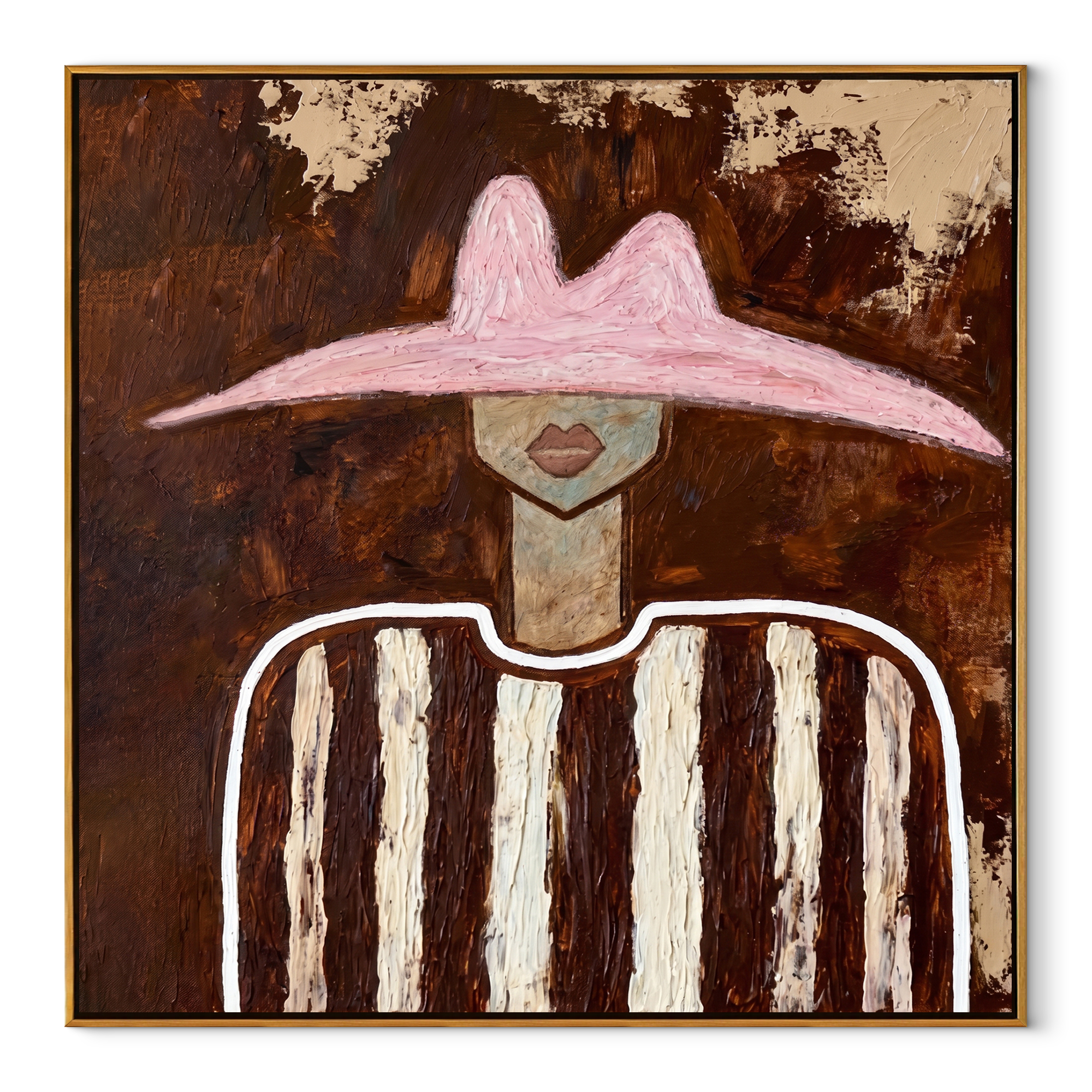 Blush Hat Crosses Linen - neutral striped figure painting by Elliot Vale, modern figurative square wall art - wood frame on white background