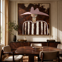 Blush Hat Crosses Linen - neutral striped figure painting by Elliot Vale, modern figurative square wall art - styled room scene view 2