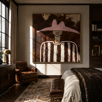 Blush Hat Crosses Linen - neutral striped figure painting by Elliot Vale, modern figurative square wall art - styled room scene view 3