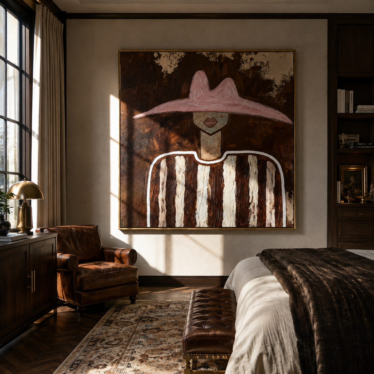 Blush Hat Crosses Linen - neutral striped figure painting by Elliot Vale, modern figurative square wall art - styled room scene view 3