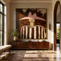 Blush Hat Crosses Linen - neutral striped figure painting by Elliot Vale, modern figurative square wall art - styled room scene view 4