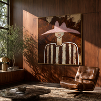 Blush Hat Crosses Linen - neutral striped figure painting by Elliot Vale, modern figurative square wall art - styled room scene view 5
