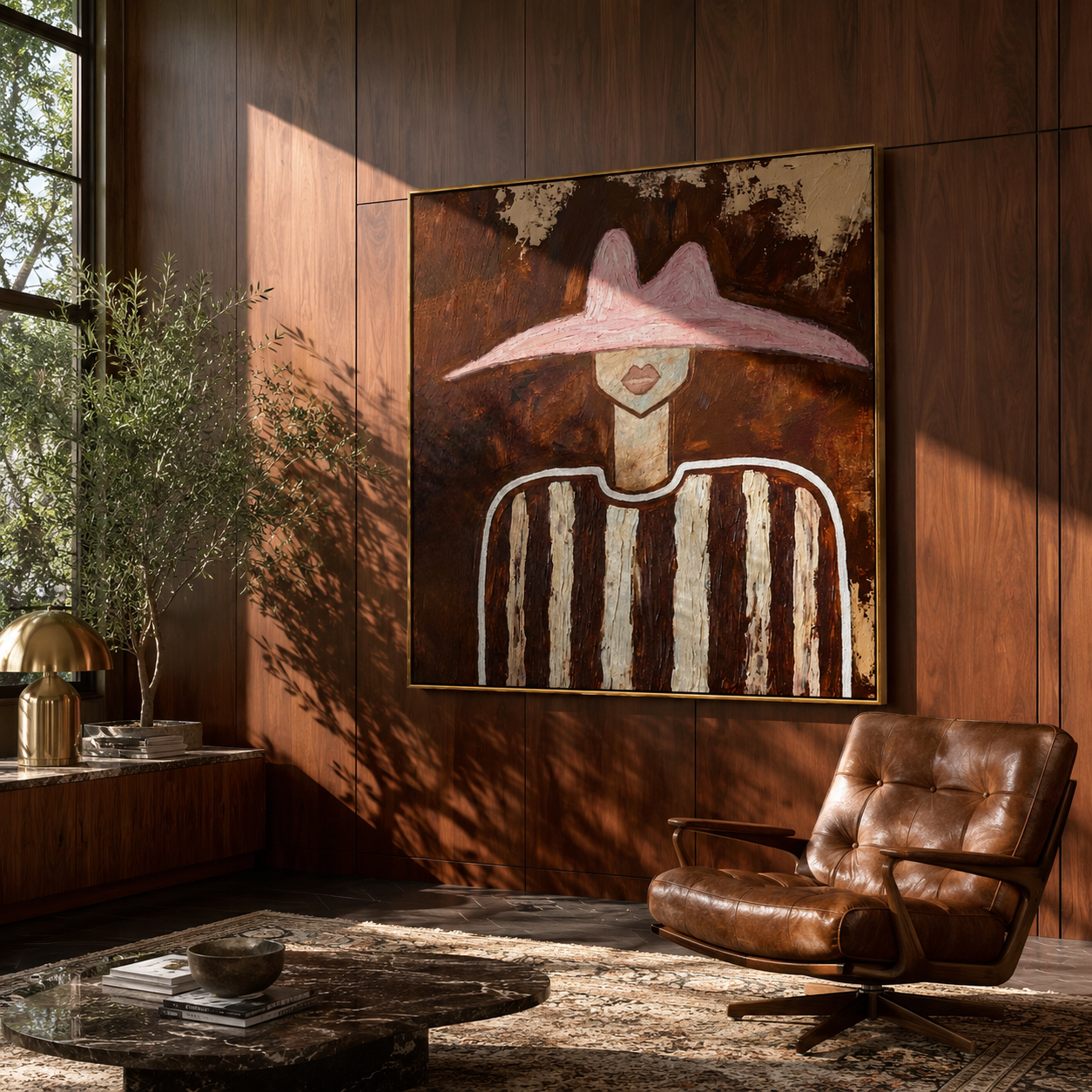 Blush Hat Crosses Linen - neutral striped figure painting by Elliot Vale, modern figurative square wall art - styled room scene view 5